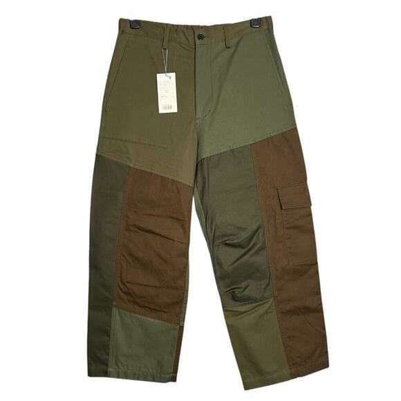 NEW KUON Patchwork Utility Trousers SIZE L Green Wide Leg Cargo Pocket JAPAN NWT